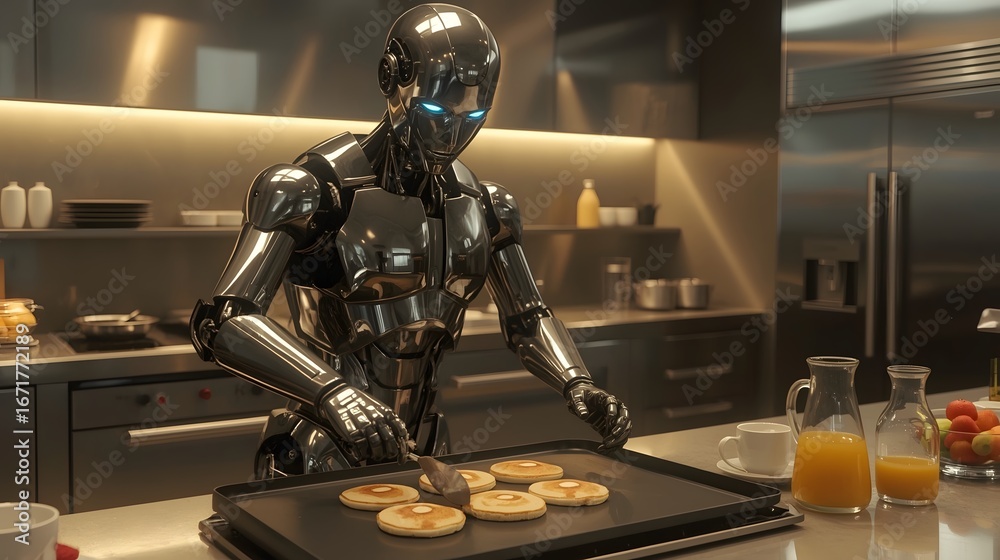 Fototapeta premium A highly detailed, sleek silver robot with glowing blue eyes is shown in a modern, futuristic kitchen, expertly flipping pancakes on a griddle