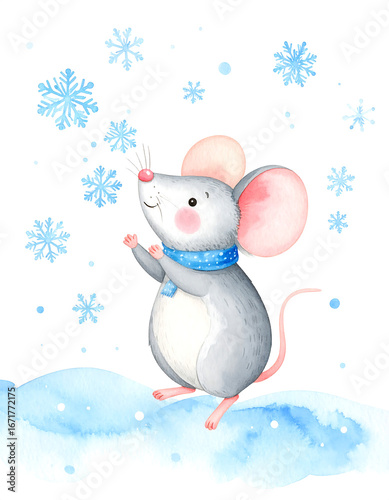 Baby Mouse in Snow - Whimsical Winter Critter Clipart
