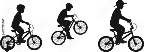 Silhouette of kids riding bicycles, children cycling outdoor, boys on bikes, cycling activity, kids bike riding, black vector silhouette