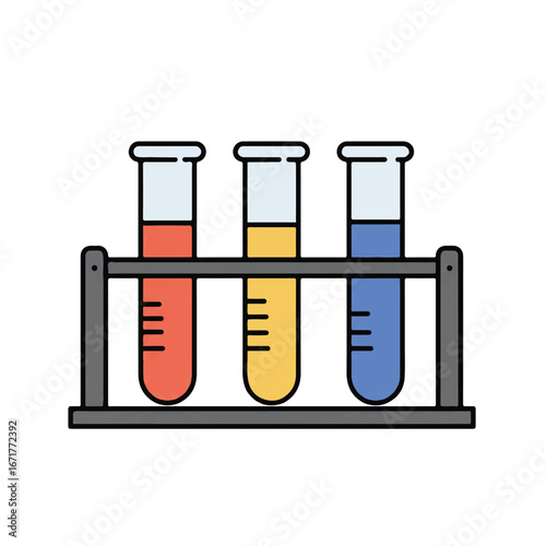 Three test tubes filled with colorful liquids sitting in a rack in a laboratory, representing scientific research and experimentation, in a clean and modern style.