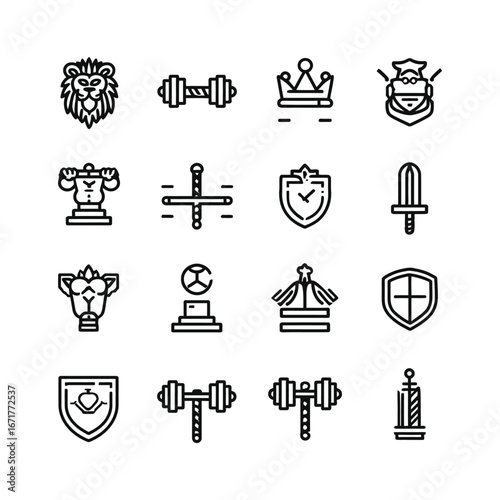 Collection of black and white line icons featuring a lion, weights, crowns, and various shields and swords
