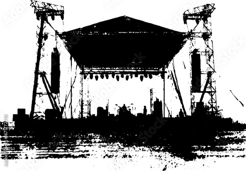 Grunge black and white illustration of rock festival stage design for posters and prints