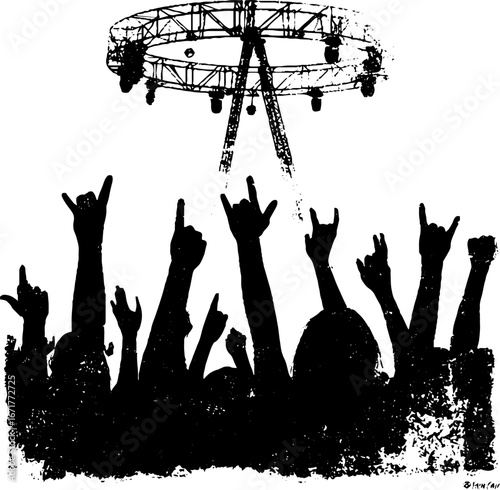 Grunge black and white rock festival crowd silhouette for urban designs