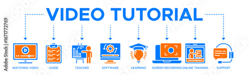 Video tutorial banner web icon vector illustration concept with icon of watching video, guide, teacher, software, learning, screen recording, online training, support