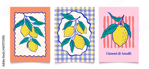 Vintage summer backgrounds with lemons and leaves. Hand drawn posters or postcards. Modern summer graphic.Vector illustrations.