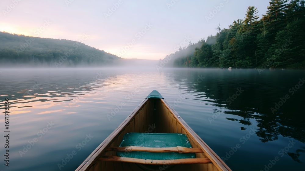 Fototapeta premium Calm morning canoe ride on a misty lake surrounded by dense forest in early daylight hours