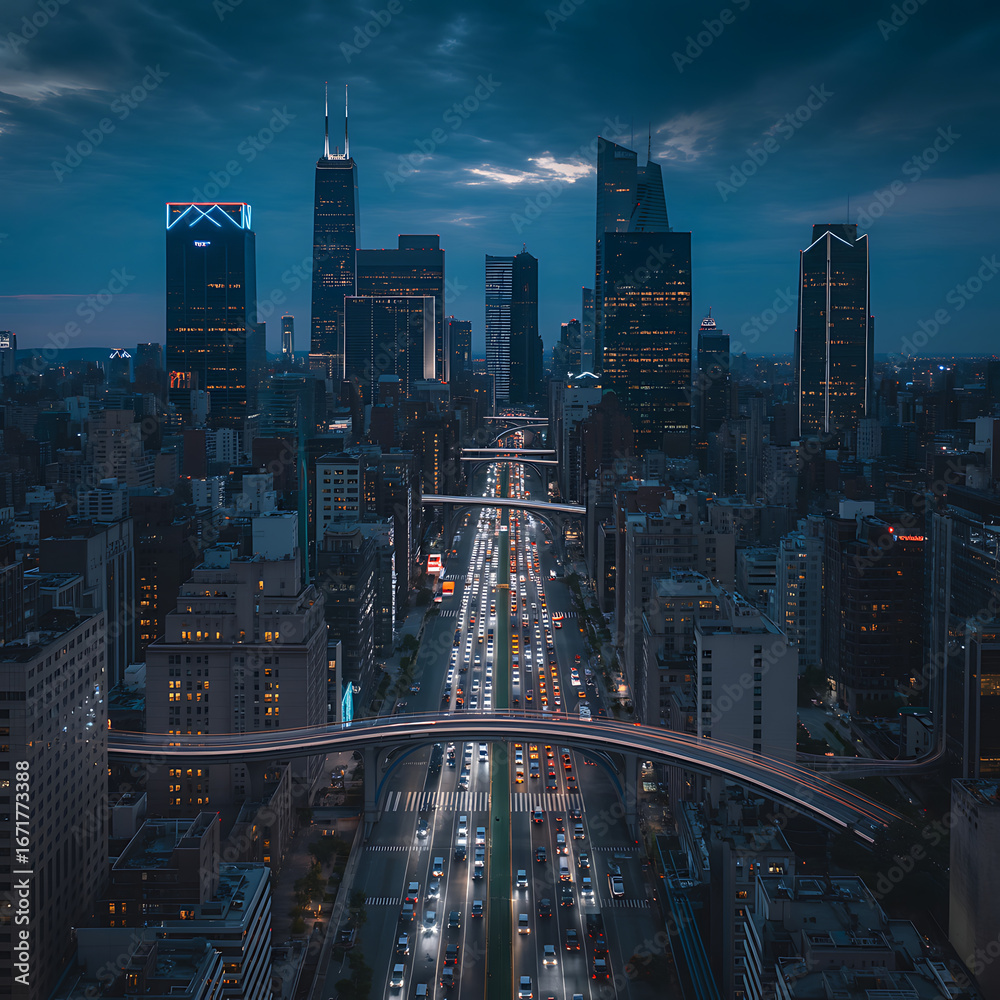 Fototapeta premium Illustration of aerial view of a modern city skyline at night with illuminated skyscrapers and busy streets