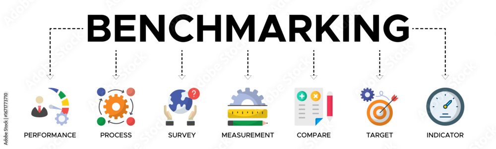 Naklejka premium Benchmarking banner web icon vector illustration concept for the idea of business development and improvement with an icon of performance, process, survey, measurement, compare target, and indicator