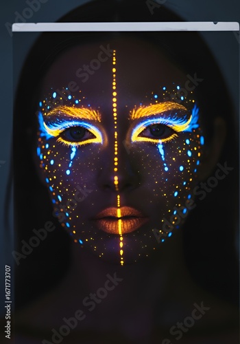 Woman with Neon Face Paint Under Blacklight.