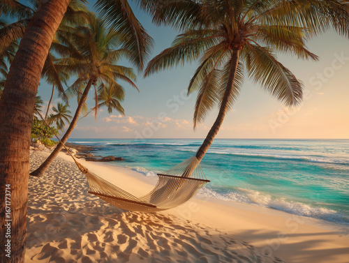 Tropical Beach with Hammock at Sunset