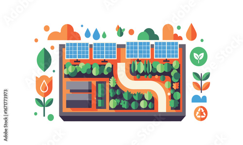 Geometric Flat Design Sustainable Rooftop Garden Illustration