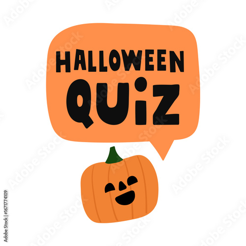 Halloween quiz. Pumpkin funny face. Flat hand drawn illustration on white background.