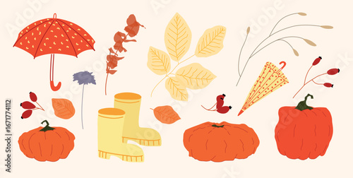 Set of autumn vector cliparts with pumpkins, umbrellas, rain boots, berries and dry leaves on light background. Fall seasonal hand drawn elements for poster, web, cards, invitations