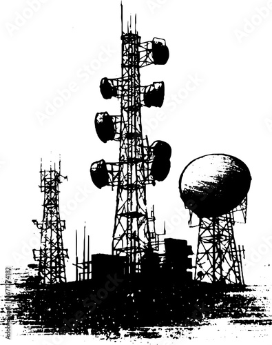 Urban rooftop antenna silhouette in grunge black and white style for distressed designs