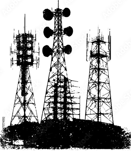 Grunge black and white rooftop antenna towers for urban design and decor