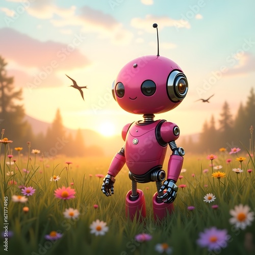 A small pink robot stands in a field of tall green grass and vibrant wildflowers at sunrise. 