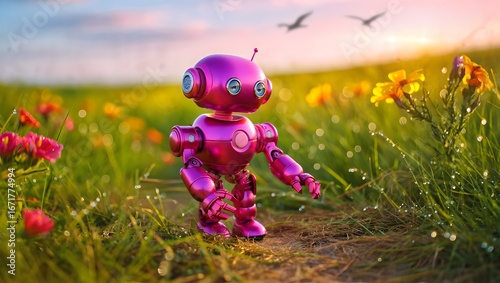 A small pink robot stands in a field of tall green grass and vibrant wildflowers at sunrise. 
