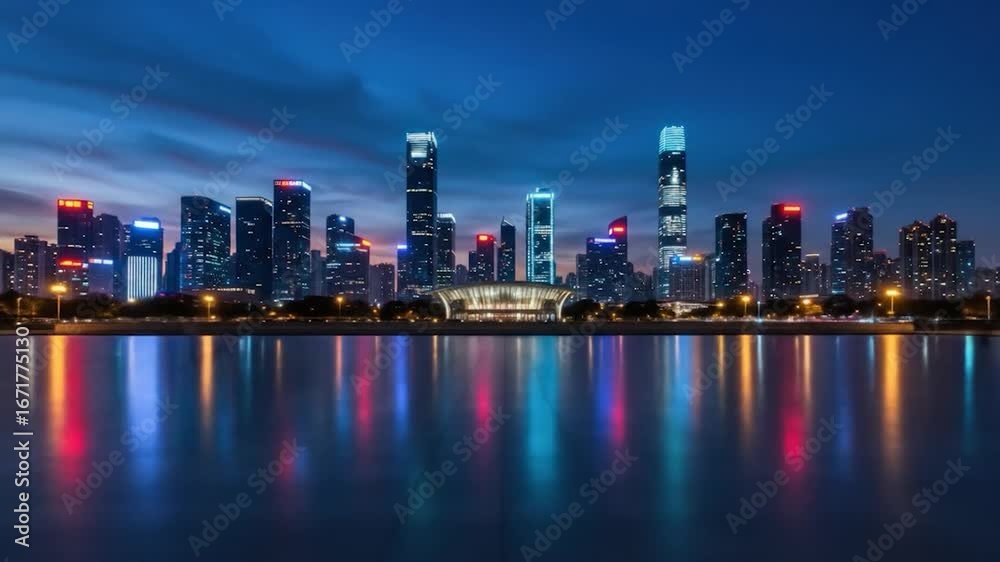 Cityscape reflection at night illuminated urban skyline architecture at dusk Cityscape reflection at night illuminated urban skyline architecture at dusk