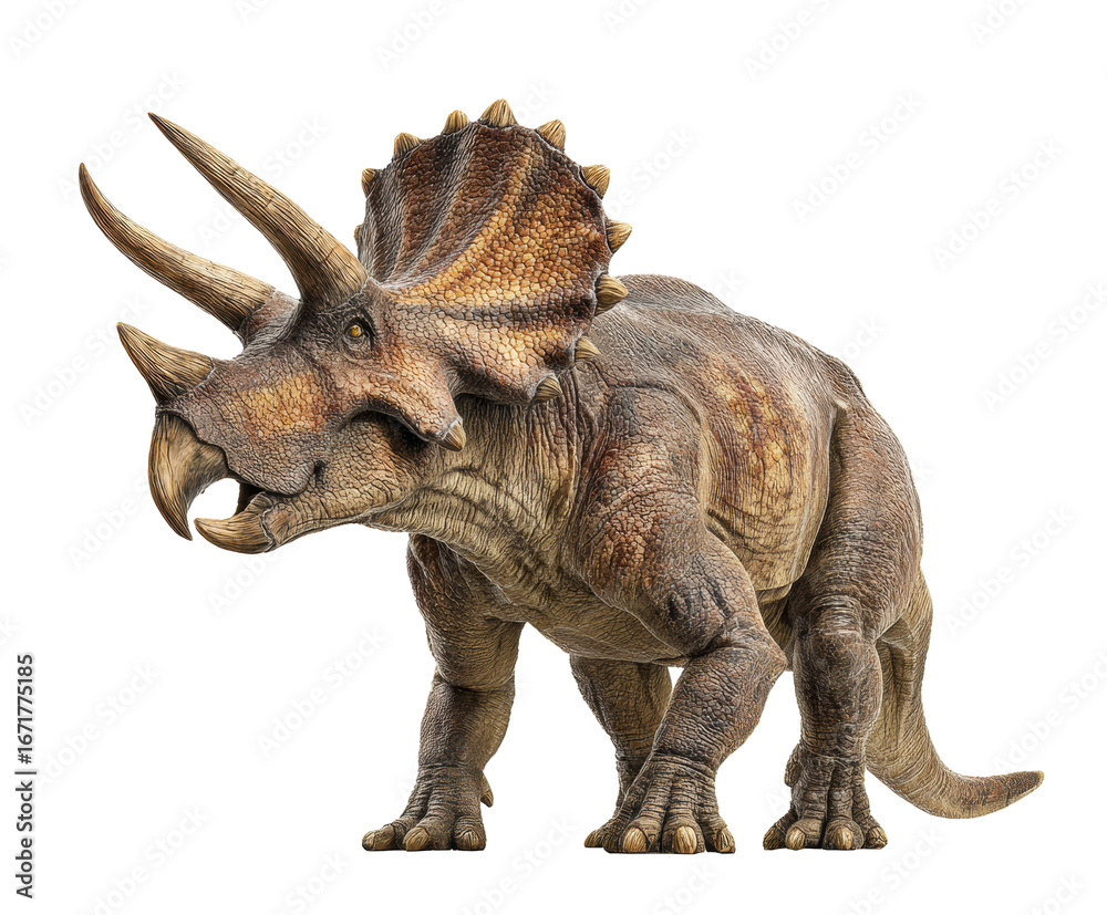 Fototapeta premium Dinosaur model showcasing a powerful triceratops with impressive horns on a transparent background, cut out.
