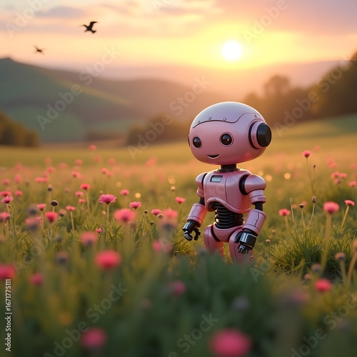 A small pink robot stands in a field of tall green grass and vibrant wildflowers at sunrise. 