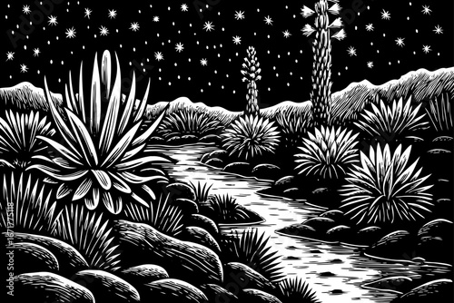 Agave cactus beside desert oasis stream, clear water surrounded by glowing plants and starry sky, magical wilderness, black and white sketch