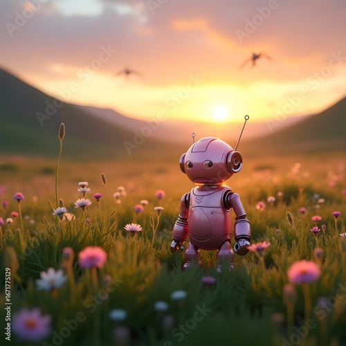 A small pink robot stands in a field of tall green grass and vibrant wildflowers at sunrise. 
