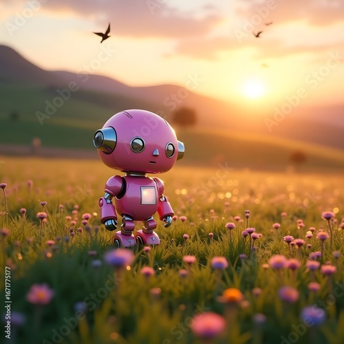 A small pink robot stands in a field of tall green grass and vibrant wildflowers at sunrise. 
