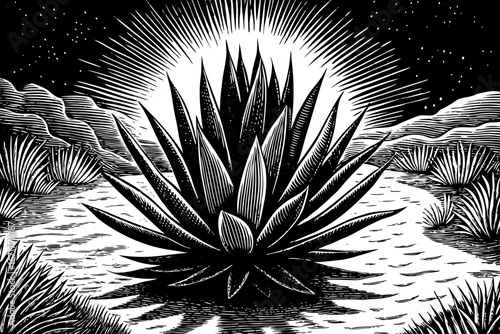 Agave cactus beside desert oasis stream, clear water surrounded by glowing plants and starry sky, magical wilderness, black and white sketch
