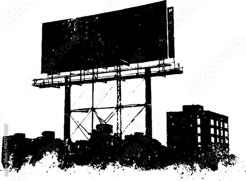 Urban rooftop billboard silhouette with grungy black and white design for advertising concept