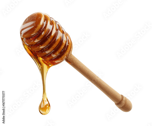 Sweet honey drizzling from a wooden dipper for healthy recipes on a transparent background, cut out.