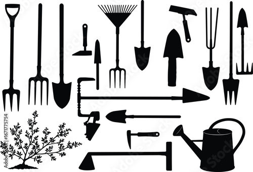 Silhouette collection of various gardening tools including shovel, fork, rake, spade, watering can, trowel, hoe, perfect for garden design