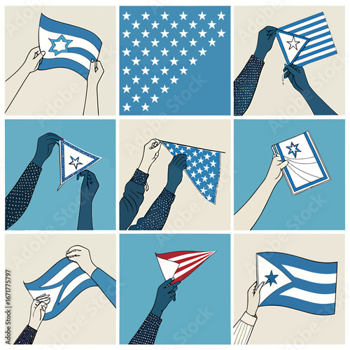 Hands Holding Greek Flags and Patriotic Banners in Blue and White Colors
