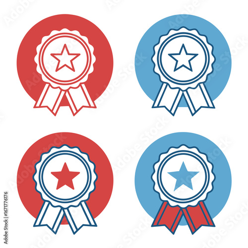 Set of Four Award Medals with Ribbons in Red and Blue Colors on White Background