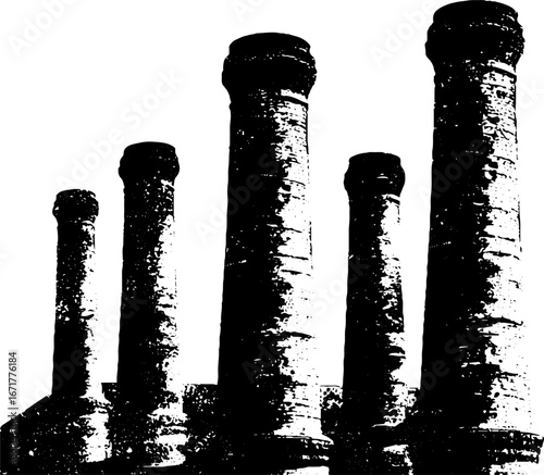 Grunge black and white illustration of rooftop chimneys - urban architecture design