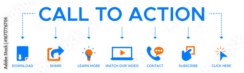 Call to action banner web icon vector illustration concept with icon of download, share, learn more, watch our video, contact us, subscribe, and click here.
