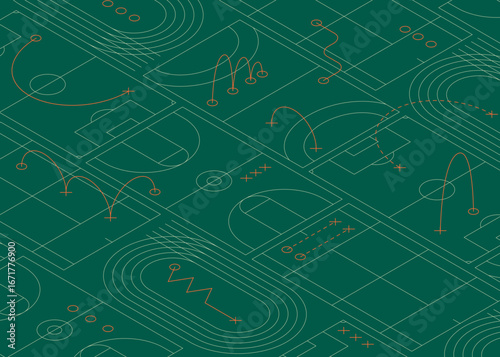 Isometric Sports Field Vector Pattern. Abstract illustration with different courts and strategy lines for various sports like soccer, basketball, and athletics. Perfect for sports, tactics, and games 