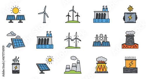 Various sources of energy generation in cartoon style icons