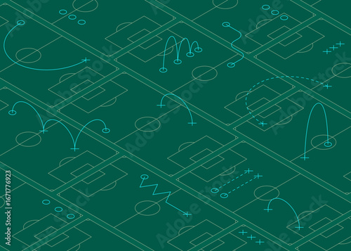 Isometric Soccer Field Vector Pattern. Seamless background with soccer fields and strategy lines, representing game tactics and player movements. Ideal for football and sports themes.