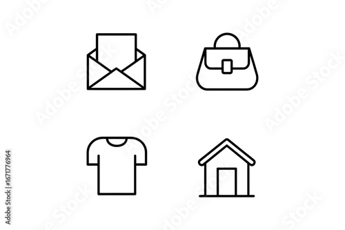 Illustration showing an envelope with paper, a handbag, a t shirt and a house icon set