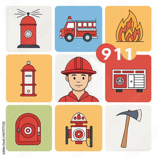 Firefighter Person Wearing Red Helmet with Firetruck and Fire Safety Equipment