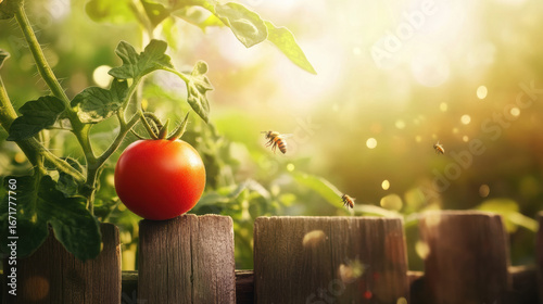 A tomato plant growing along a wooden fence, framed by soft sunlight and a background of buzzing bees and fluttering leaves 