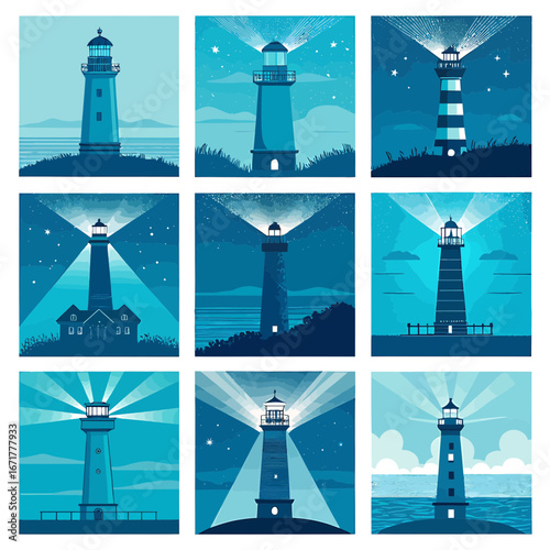 Set of Nine Nighttime Lighthouses in Various Styles with Beams of Light and Starry Sky