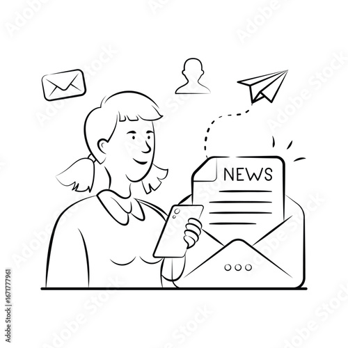 customer receiving digital newsletter, hand drawn premium illustration