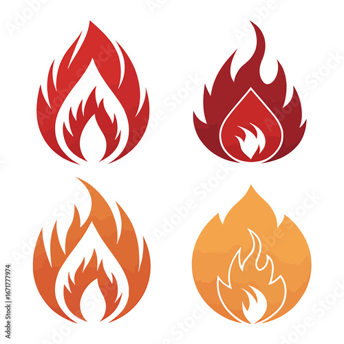 Set of Four Fire Flame Icons in Red Orange and Yellow Styles for Fire Safety or Energy Symbols