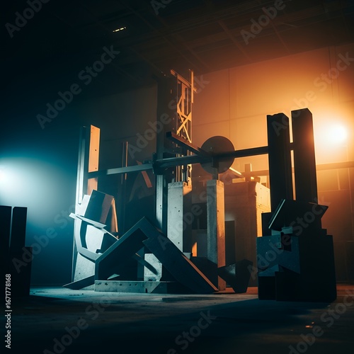 Dramatic gym scene with weightlifting bench and equipment.