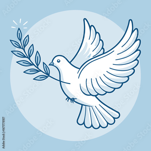 Stylized White Dove with Olive Branch in Light Blue Background for Peace and Harmony Symbols