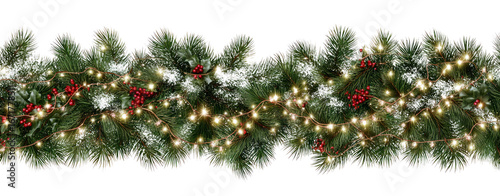 Festive Christmas Garland with Pine Branches, Red Berries, and String Lights