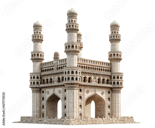 Heritage architecture of Charminar monument in Hyderabad India on a transparent background, cut out.