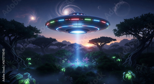Illuminated UFO Hovering Above Alien Landscape at Dusk, Galactic Encounter Scene.