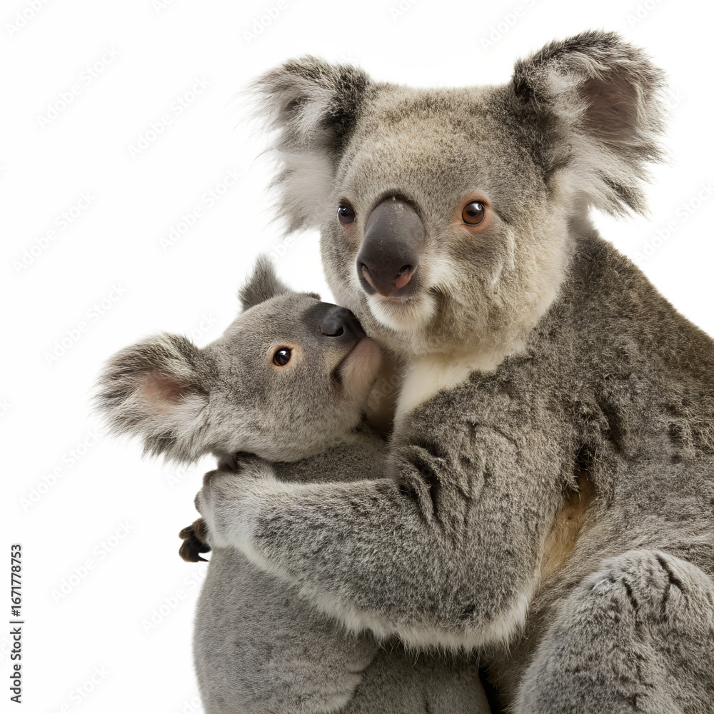 Naklejka premium Embrace of Koala Family: A tender portrayal of a koala family embracing, their soft grey fur and affectionate interaction conveying a deep sense of kinship and care.